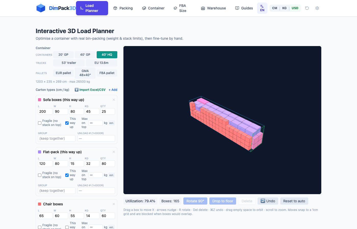 The DimPack3D planner: carton inputs on the left, packed 3D container on the right